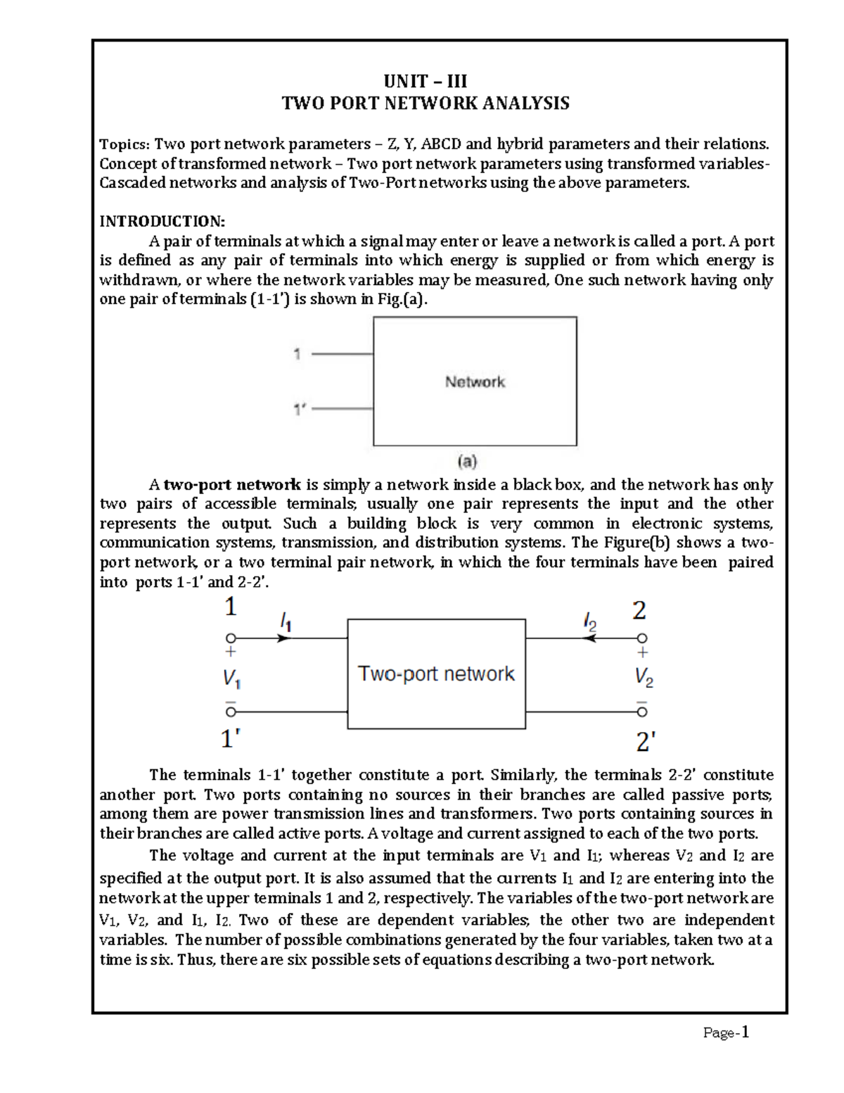 UNIT TWO: Two Port Network Analysis - Z, Y, ABCD & Hybrid Parameters ...
