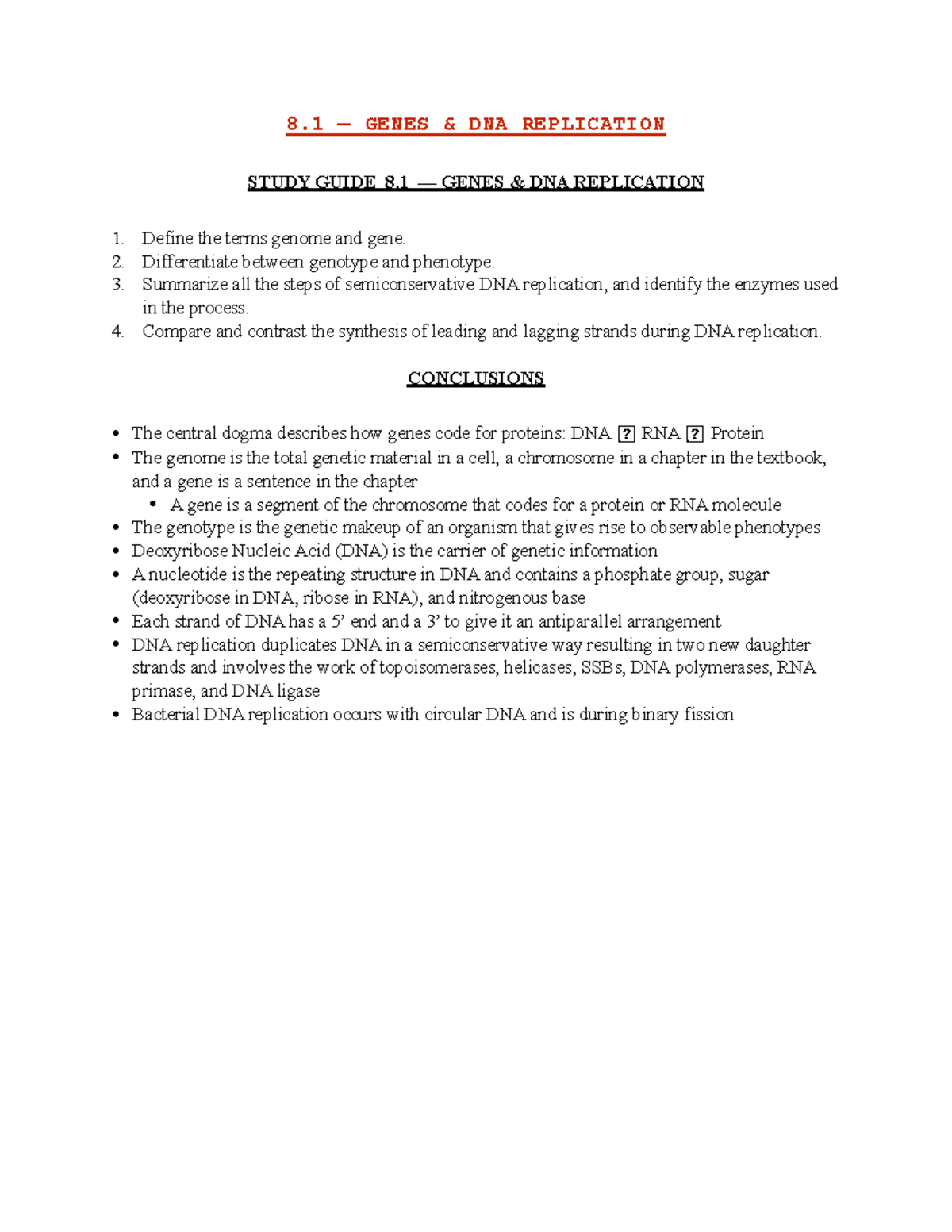 Biology 210 Lecture Chapter 8 - 8 — GENES & DNA REPLICATION STUDY GUIDE ...