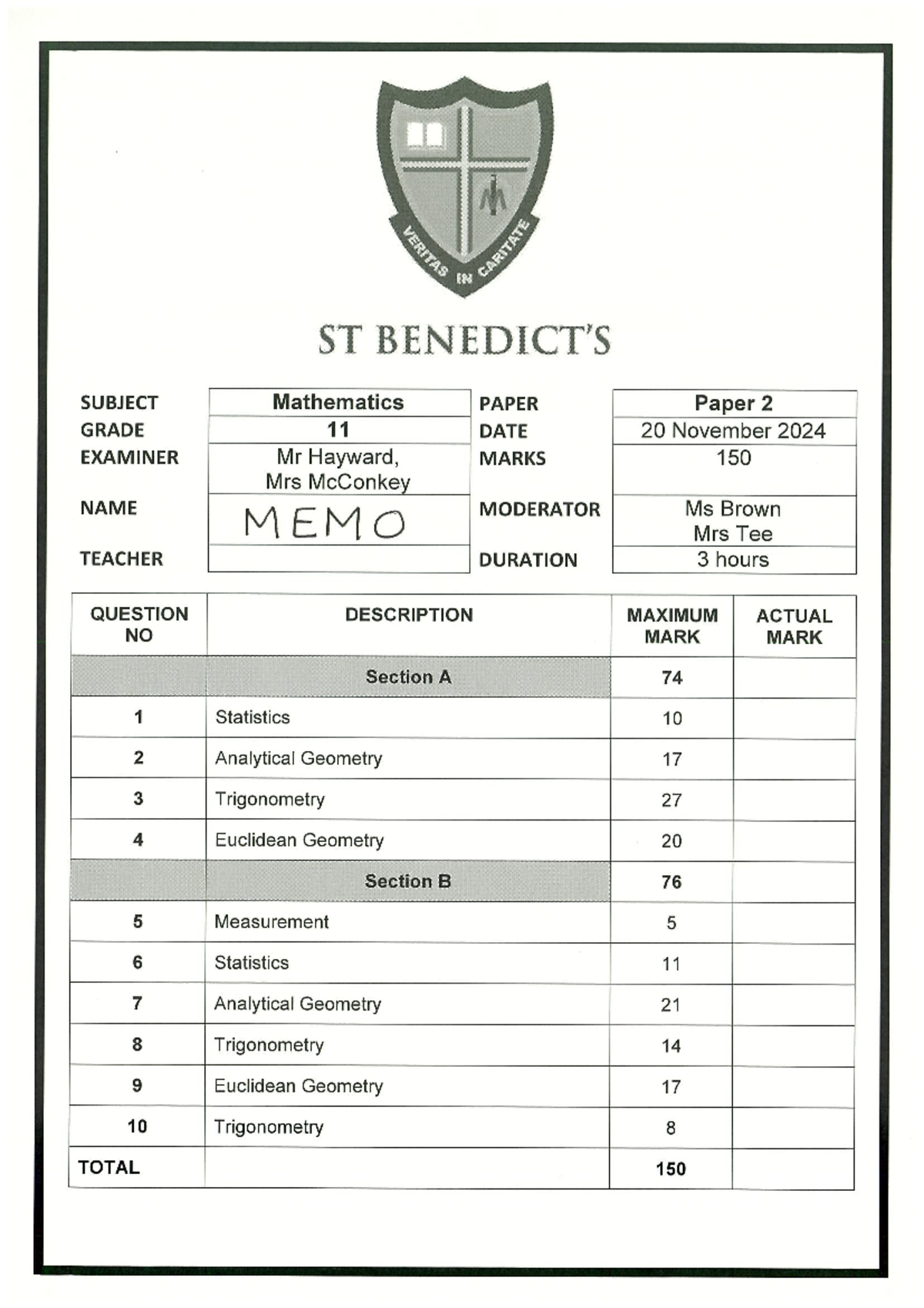 Grade 11 Mathematics Paper 2 Memo - November 2024 Exam - Studocu