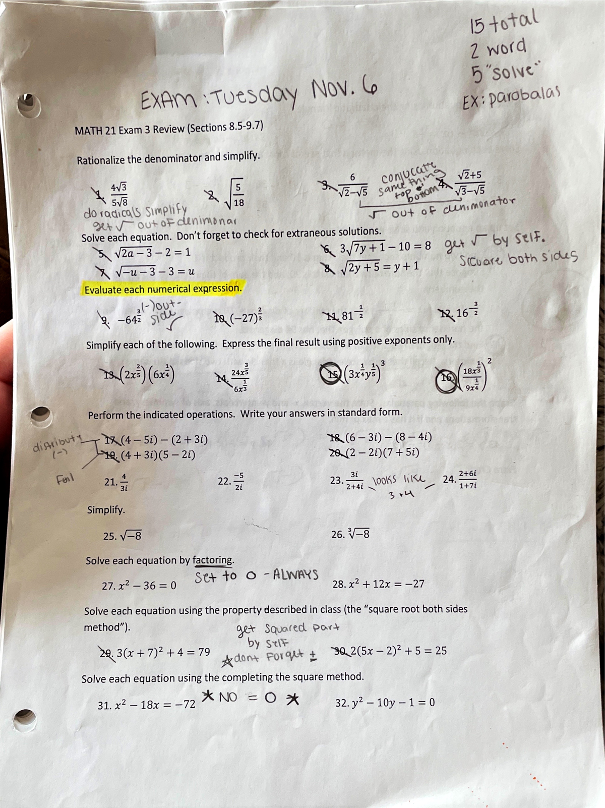 MATH 21 Exam 1 review with answers - 15 total 2 word 5 EXAM Tuesday Nov ...