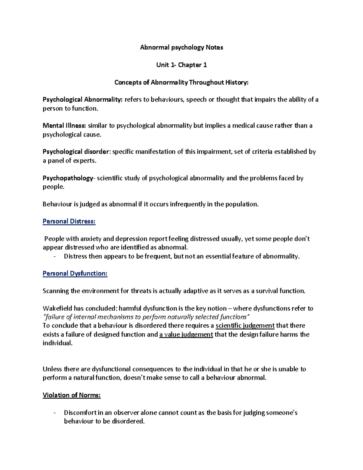 Abnormal Psychology Lecture Notes - Key Concepts and Historical ...