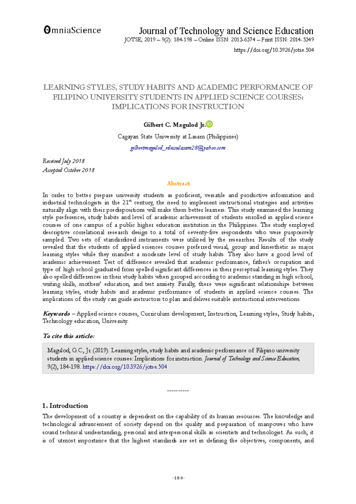 Learning Styles, Study Habits, and Academic Performance in Applied ...