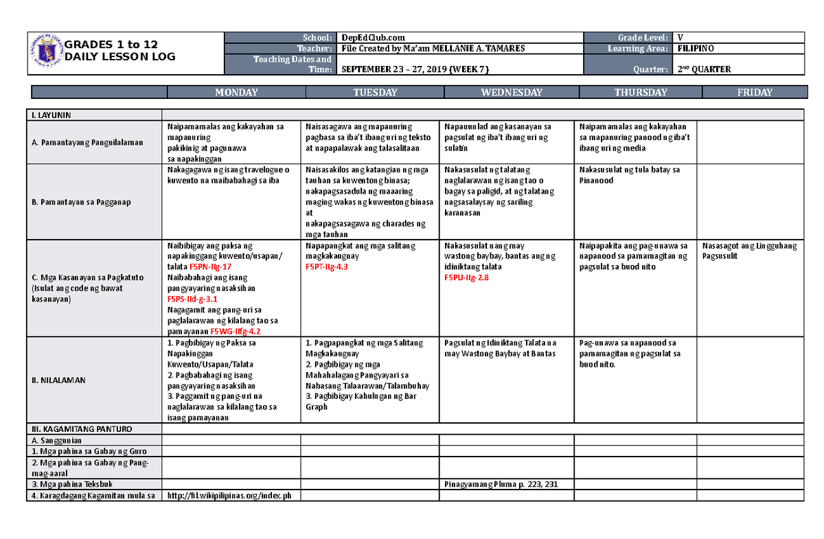 DLL Filipino 5 Q2 W7 - Daily Lesson Log and Activities Summary - Studocu