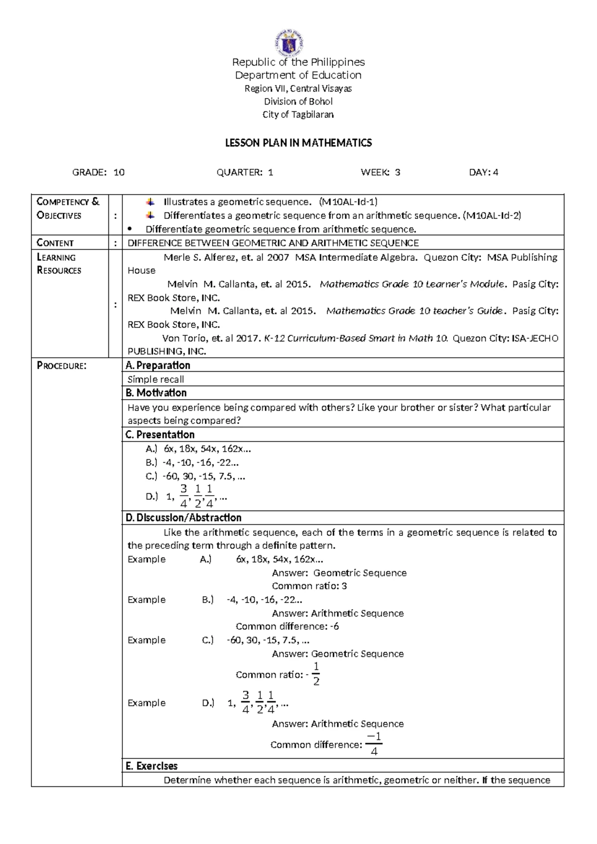 Mathematics Grade 10 Lesson Plan: Identifying Geometric Sequences - Studocu