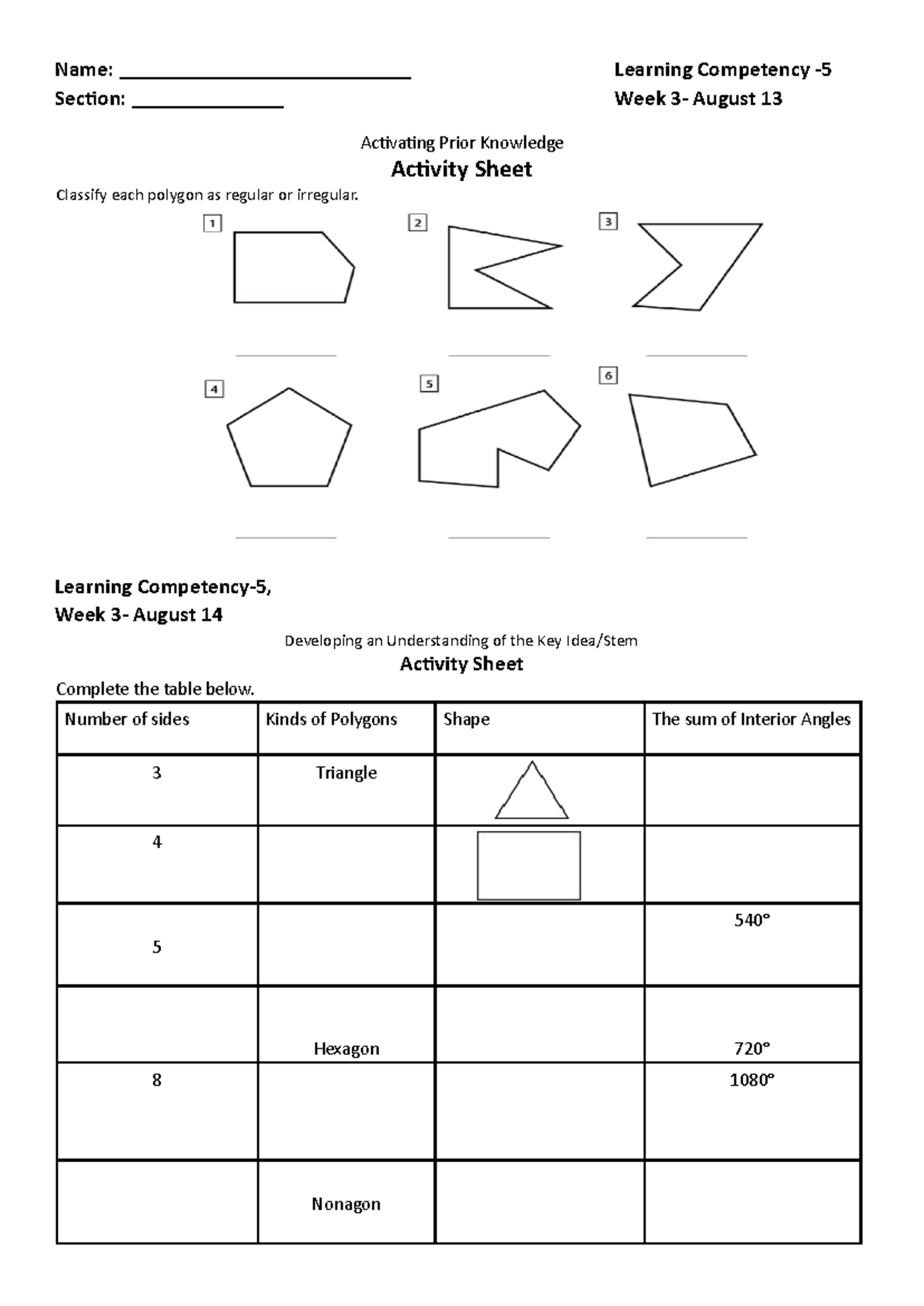 Activity sheets - Name: ___________________________ Learning Competency ...