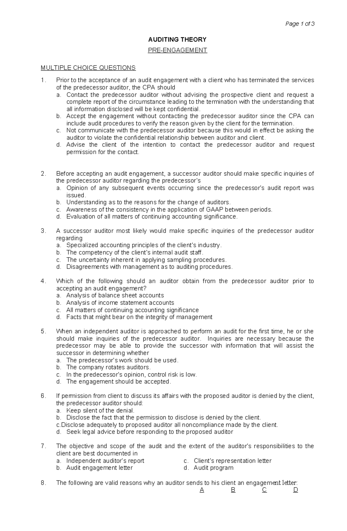 AT Auditing Theory: Pre-Engagement Multiple Choice Questions - Studocu