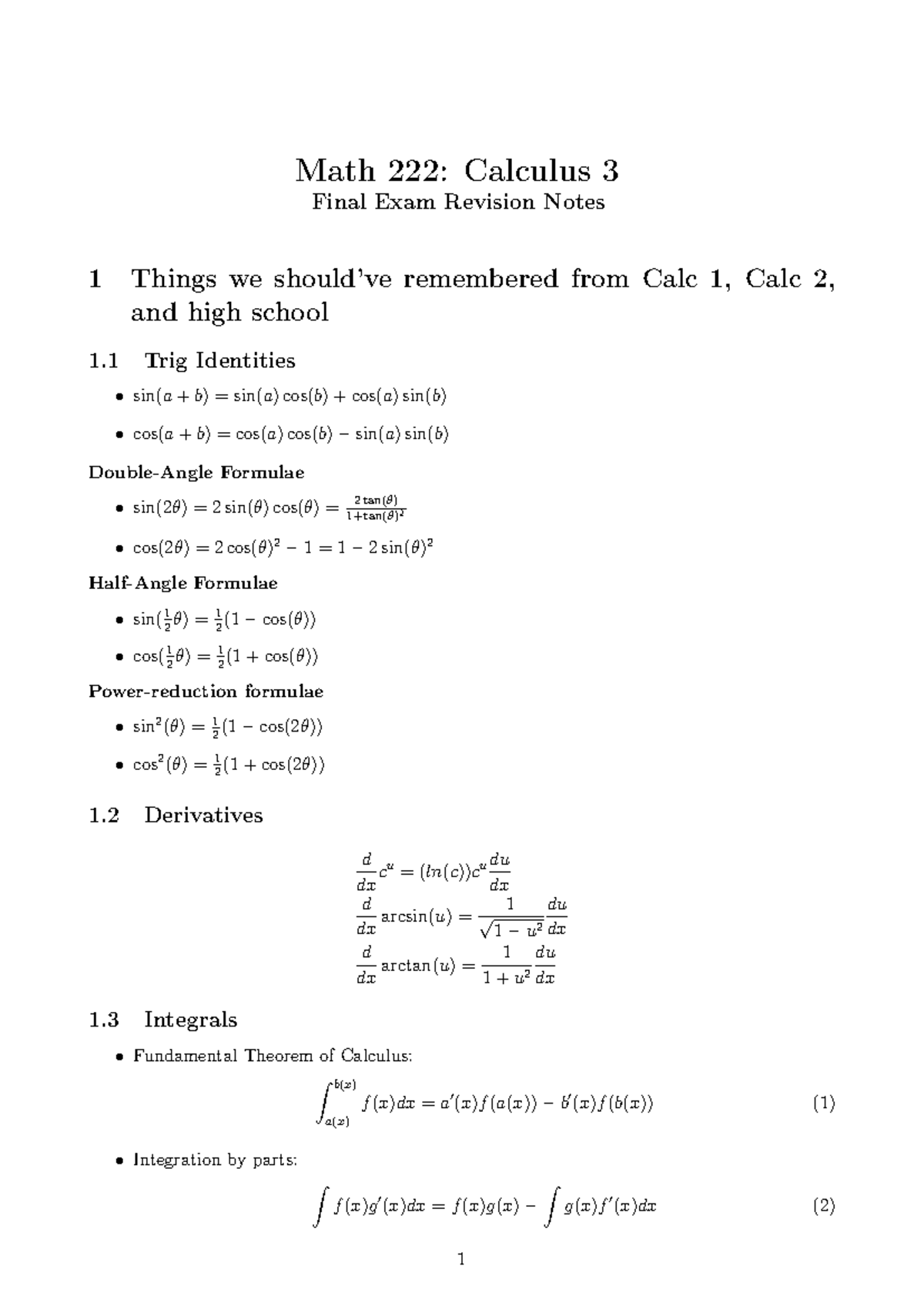 MATH 222 Winter 2018 Calculus 3 Final Exam Revision Notes - Studocu