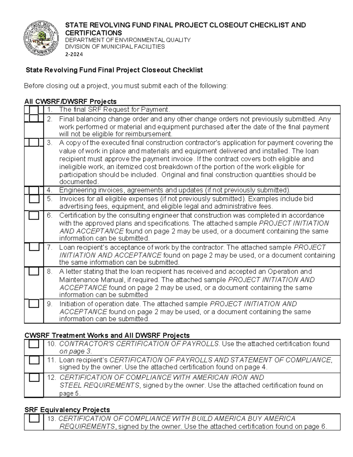SRF Final Project Closeout Checklist & Compliance Certifications - Studocu