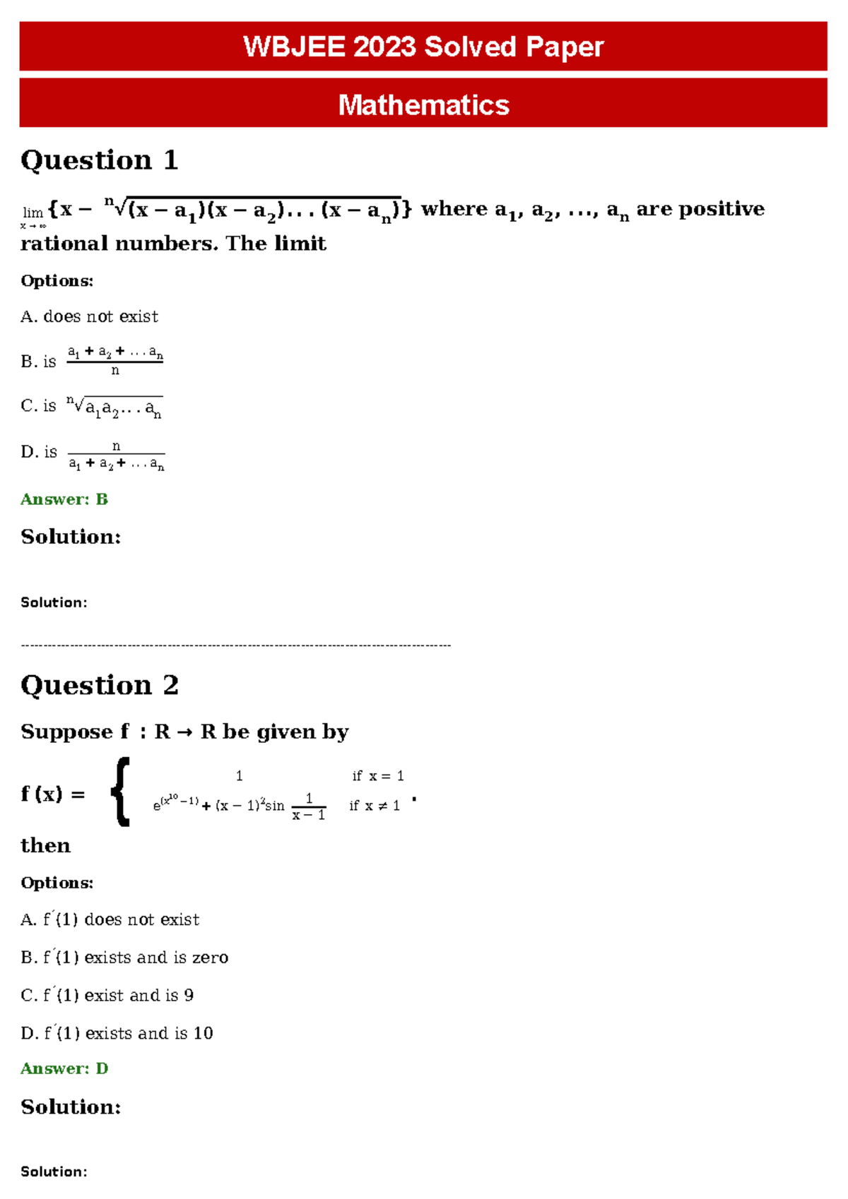 WBJEE 2023 Mathematics Solved Paper: Comprehensive Solutions and ...