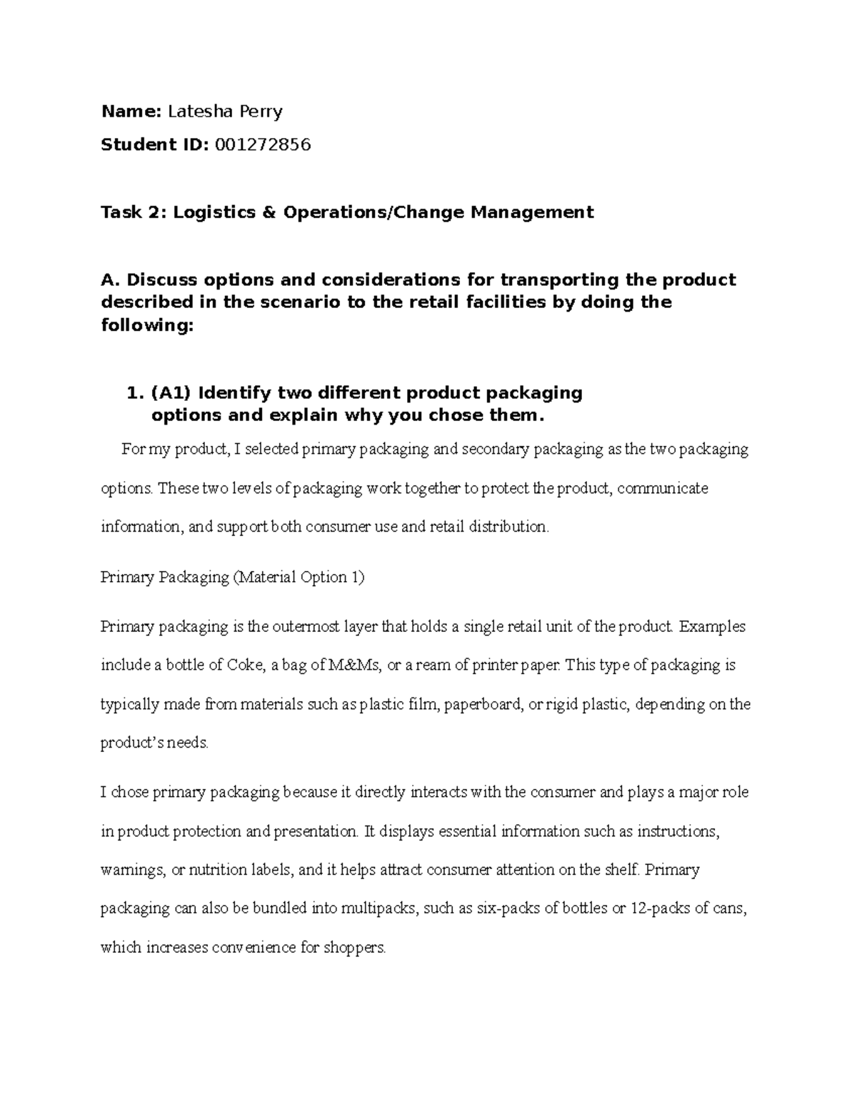 Logistics Management Task II: Packaging, Risks, and TMS Insights (D079 ...