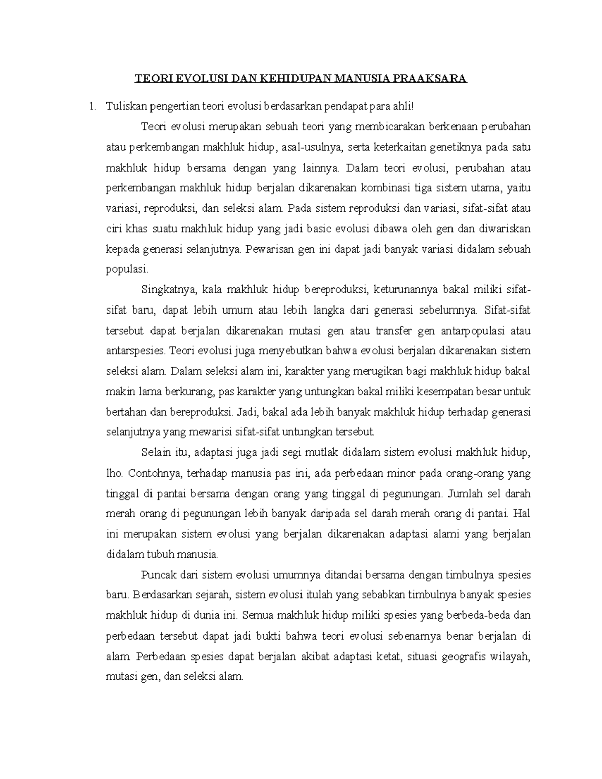 Teori Evolusi dan Kehidupan Manusia Praaksara: Analisis Mendalam - Studocu