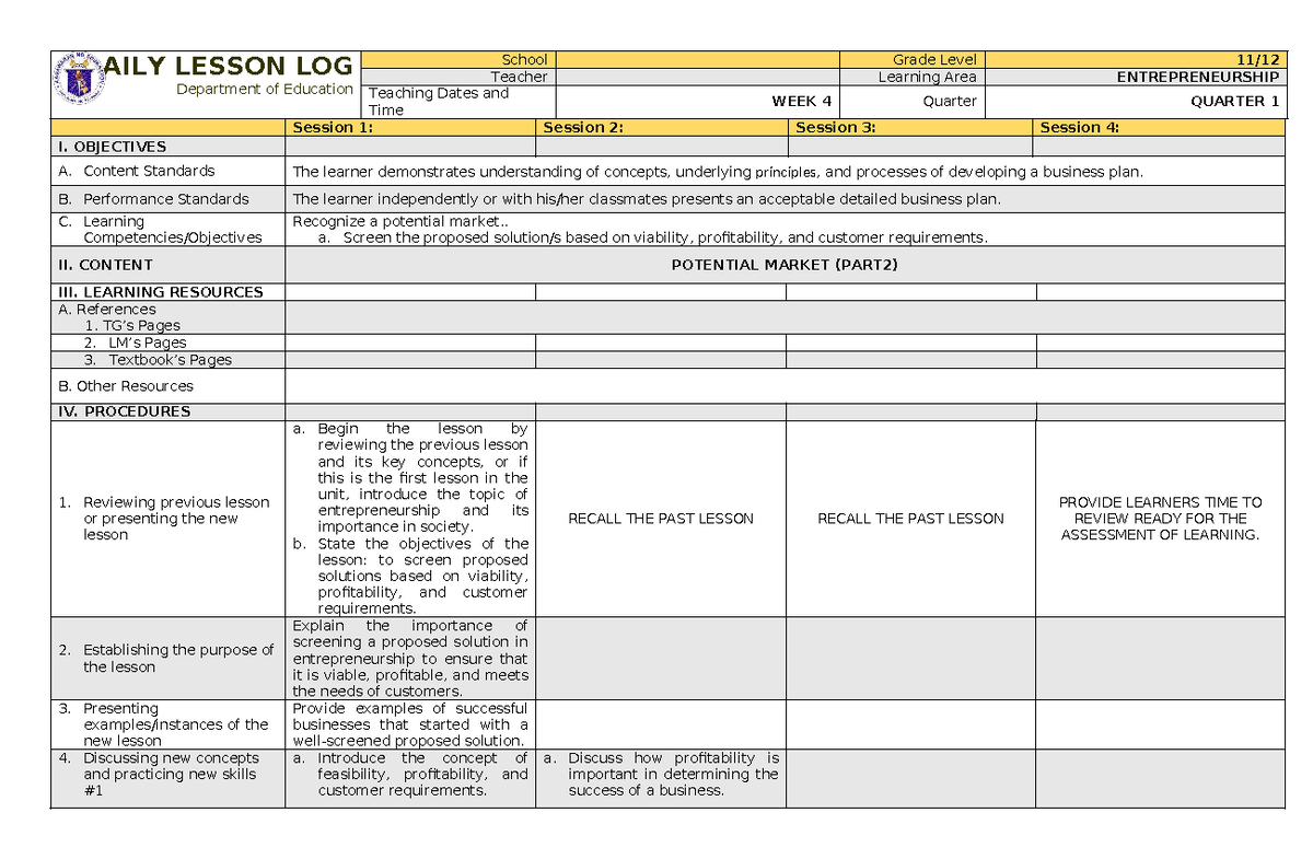ENTREPRENEURSHIP DAILY LESSON LOG Q1 W4: Evaluating Business Plans ...
