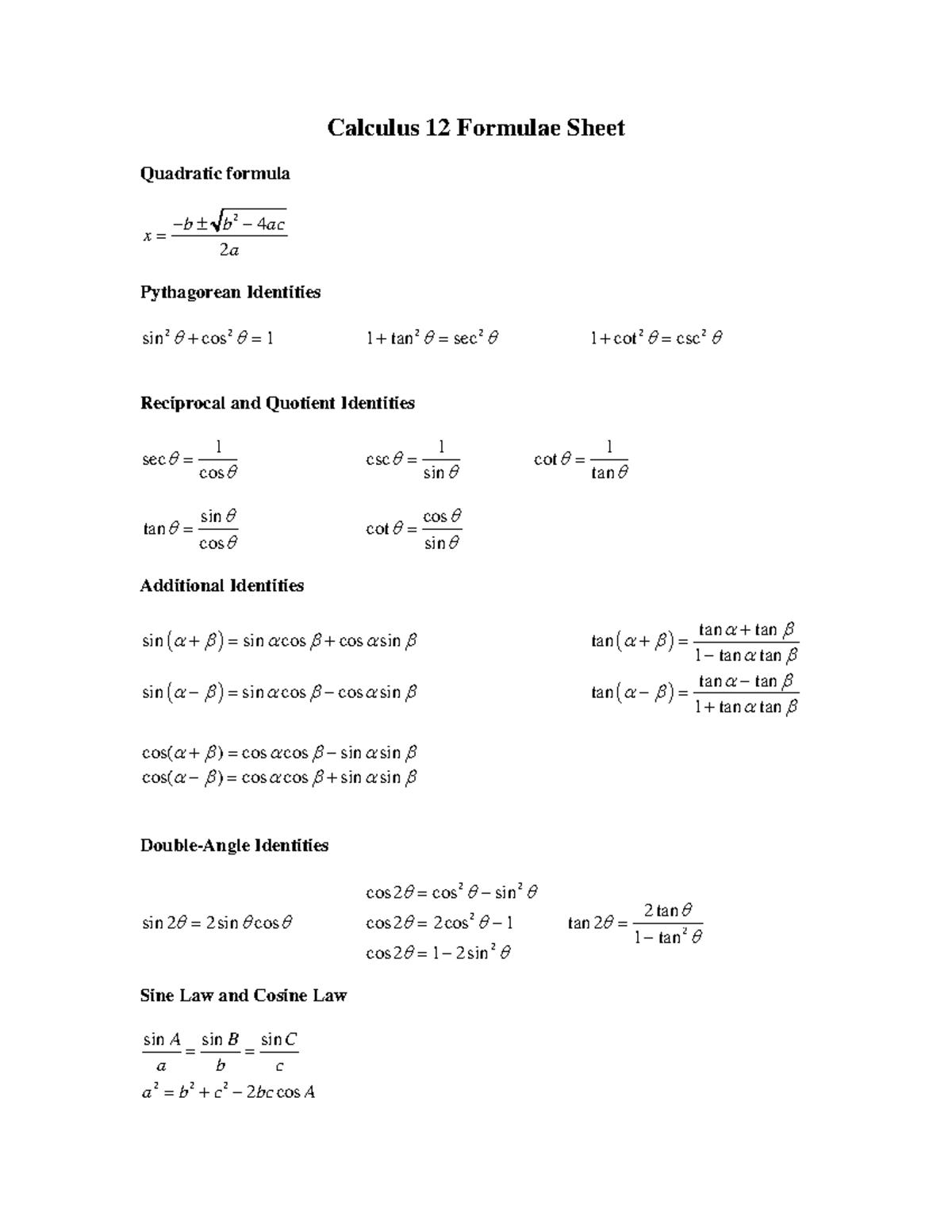 Calculus 12 Final Exam Formula Sheet: Key Identities & Formulas - Studocu