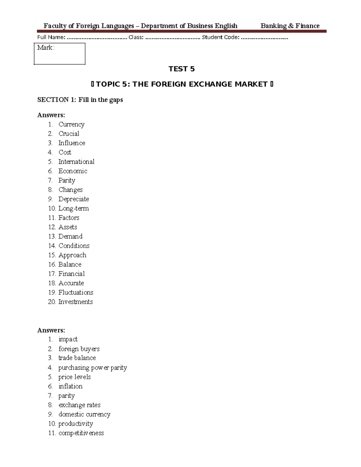 Banking Finance Test 5: The Foreign Exchange Market - Unit 5 Key - Studocu
