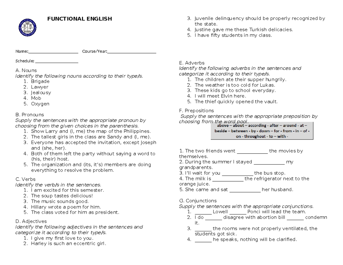 Functional English Activity 1 - FUNCTIONAL ENGLISH Name: Course/Year ...