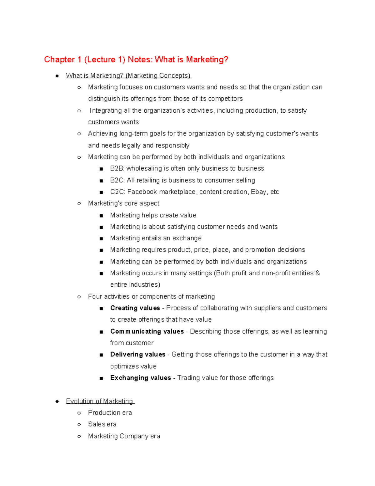Copy of MKT100 Notes - Chapter 1 (Lecture 1) Notes: What is Marketing ...