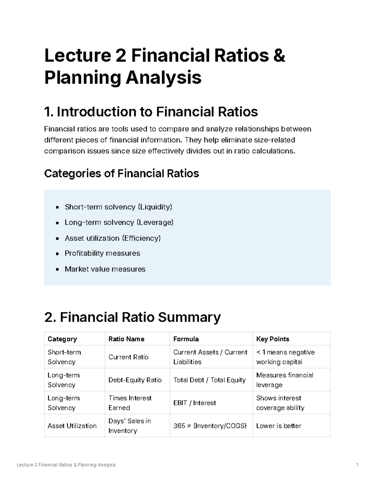 Lecture 2: Financial Ratios & Planning Analysis Overview - Studocu