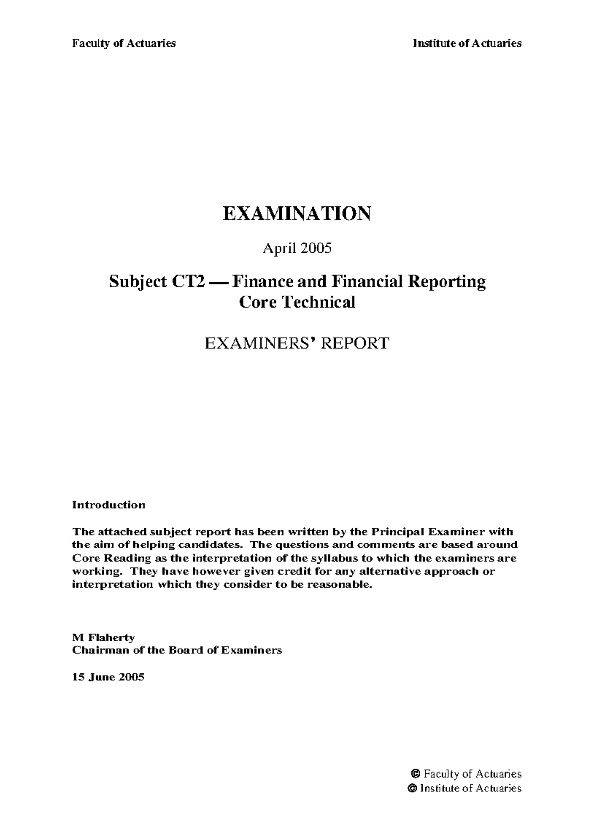 2006 CT2 Finance &amp; Financial Reporting Examiners Report - Past Paper - Studocu
