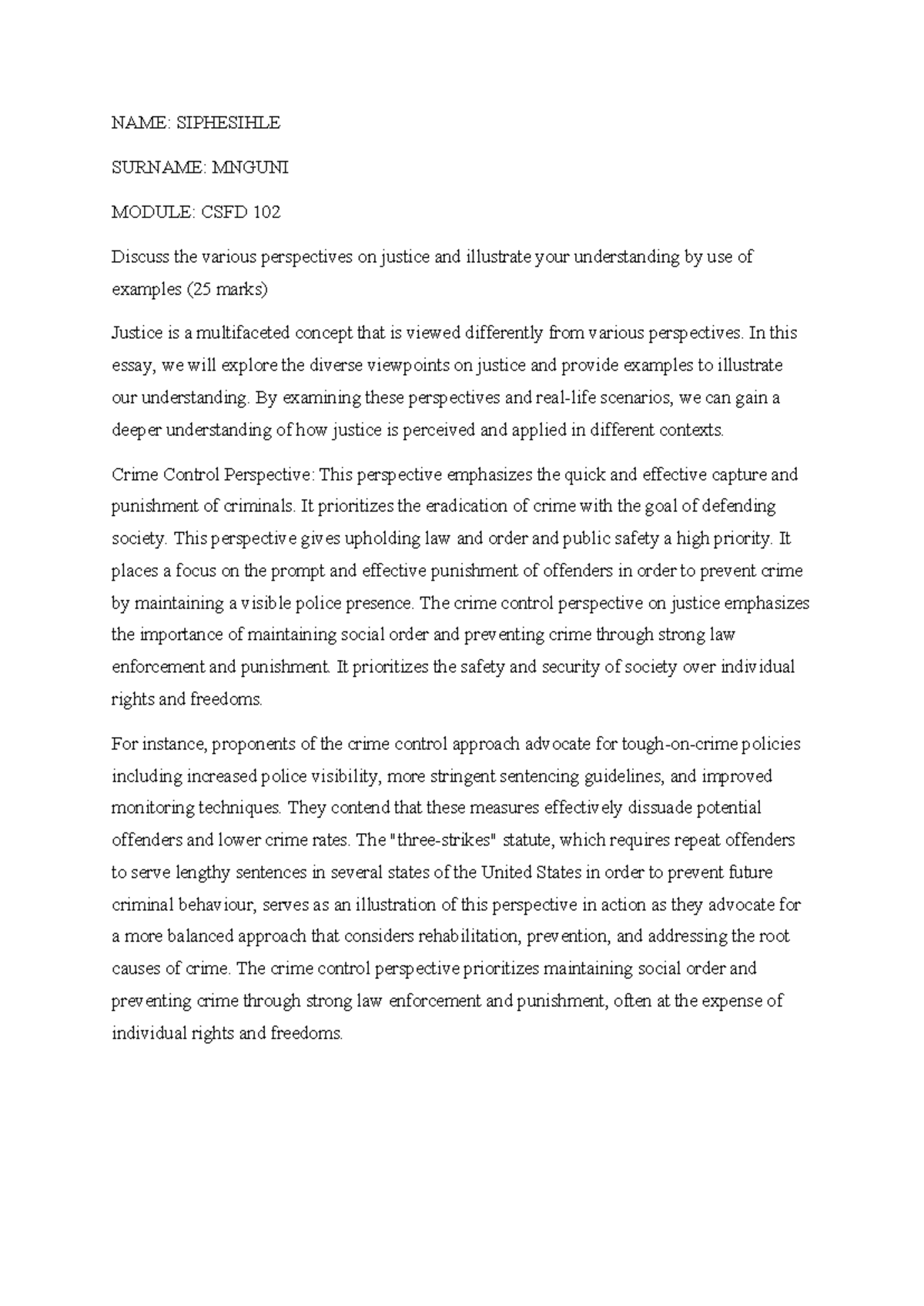 CSFD 102: Perspectives on Justice - Essay Notes and Examples - Studocu