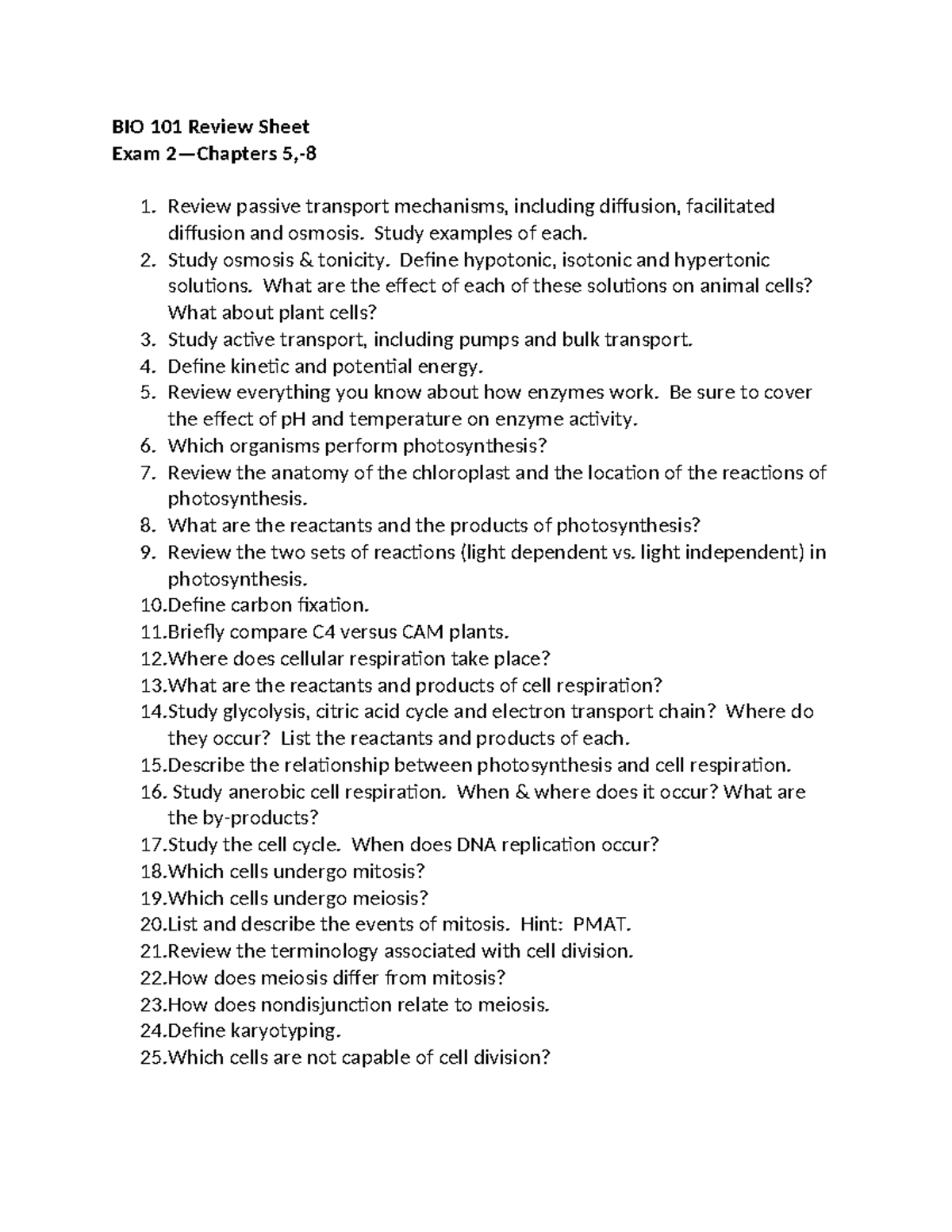 BIO 101 Exam 2 Review Sheet: Key Concepts from Chapters 5-8 - Studocu