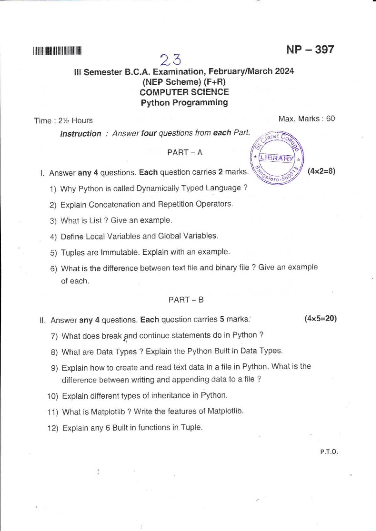 23Python Programming Feb Mar 2024 question paper - i tilililt tllll il ...