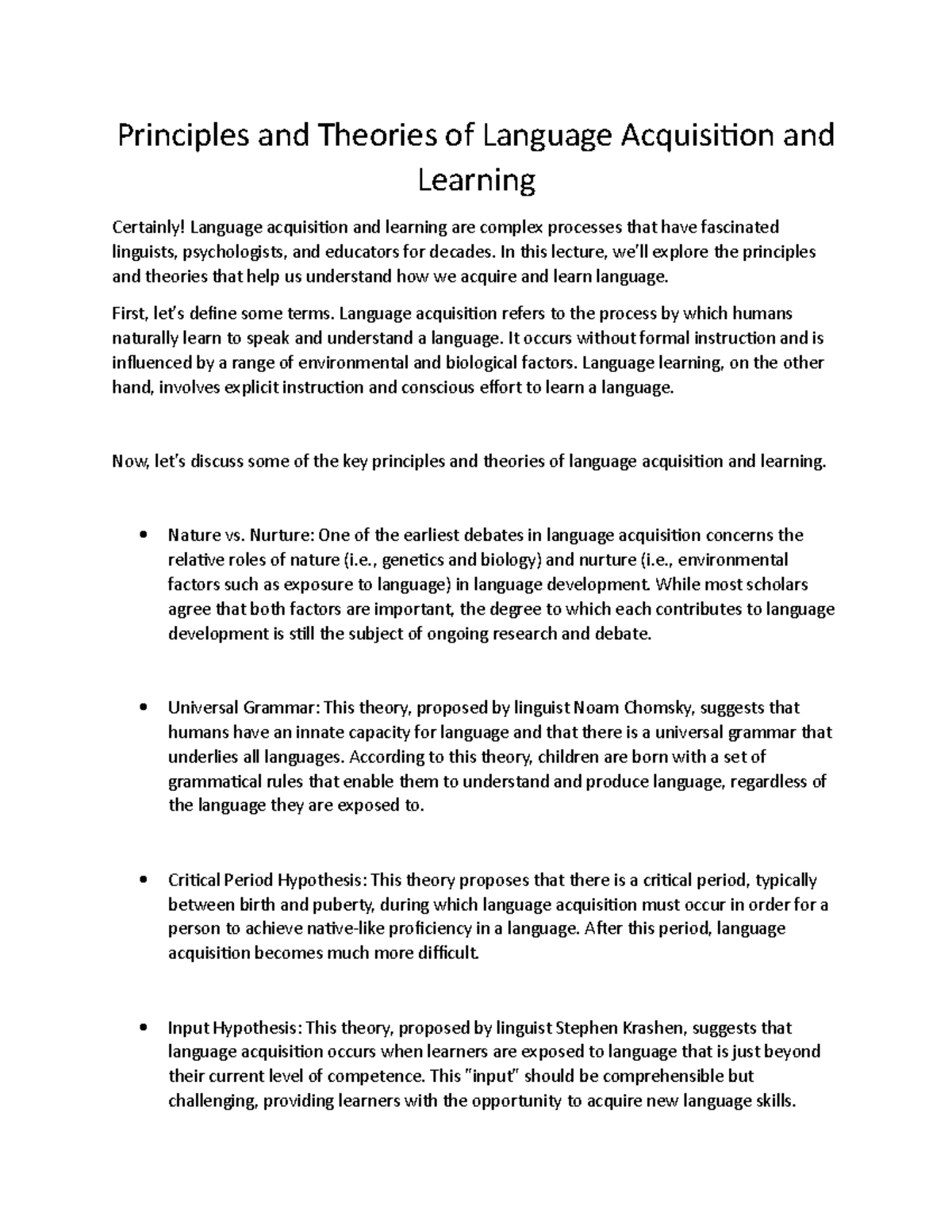 Principles & Theories of Language Acquisition: Lecture Notes - Studocu