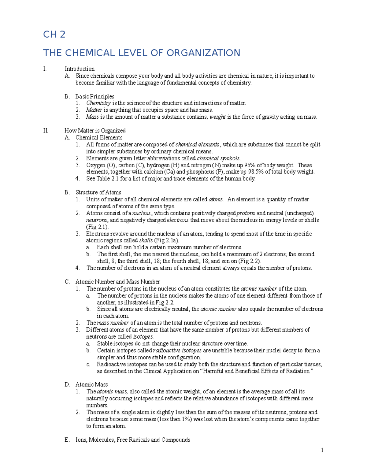 CH 2: Overview of the Chemical Level of Organization in Biology - Studocu