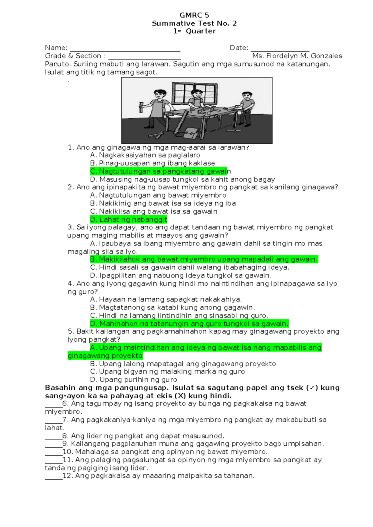 2ND Summative TEST GMRC 5 - 1ST Quarter Assessment - Studocu