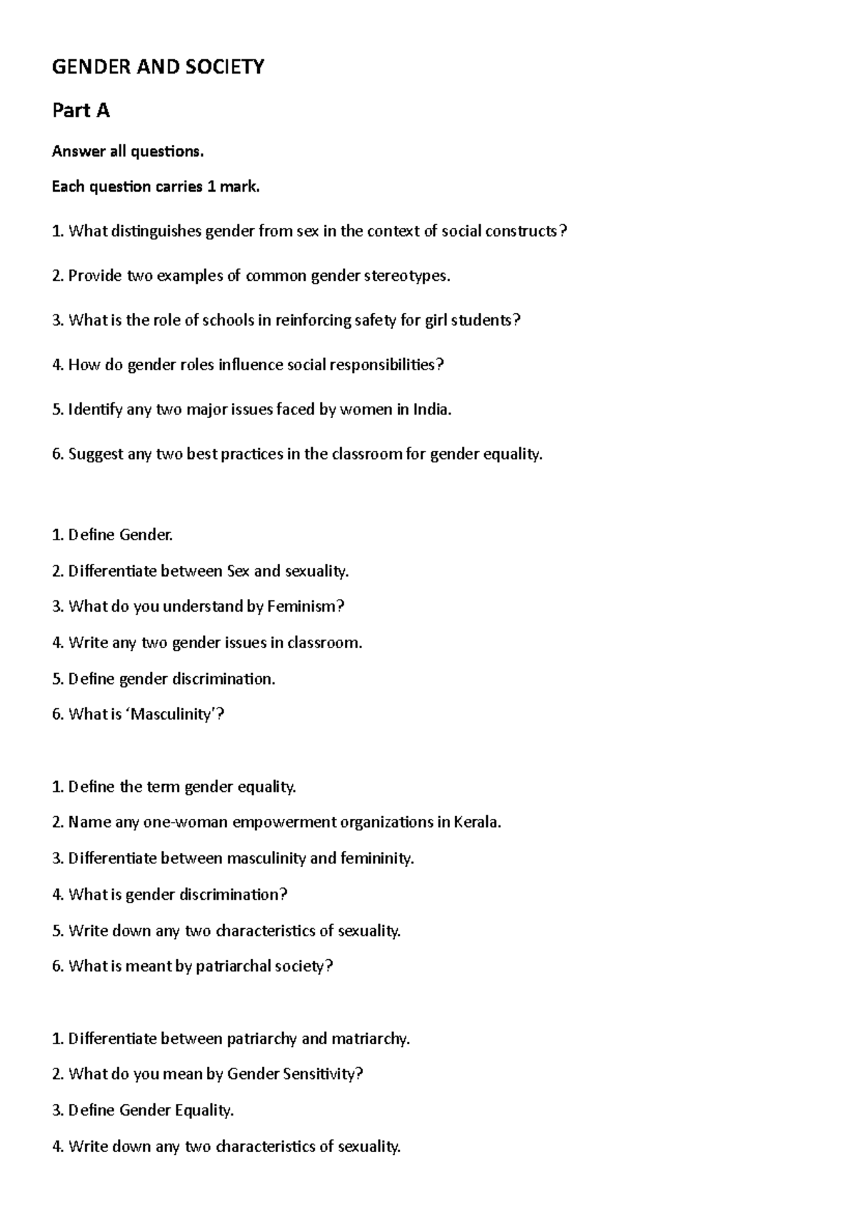 Gender and Society - Comprehensive Q&A Collection for Final Exam - Studocu