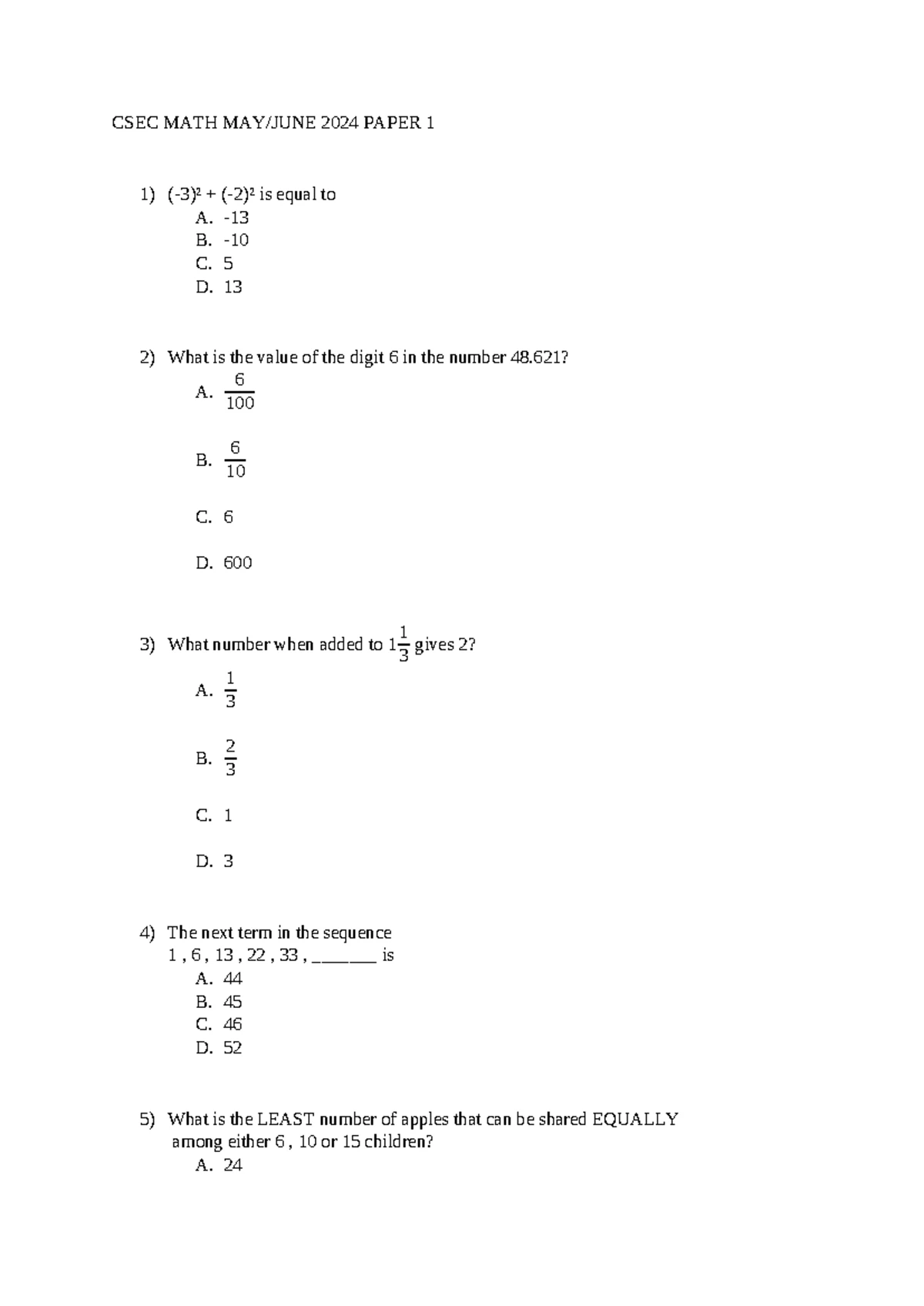 CSEC Mathematics Paper 01 General Proficiency May 2019 Test Code ...
