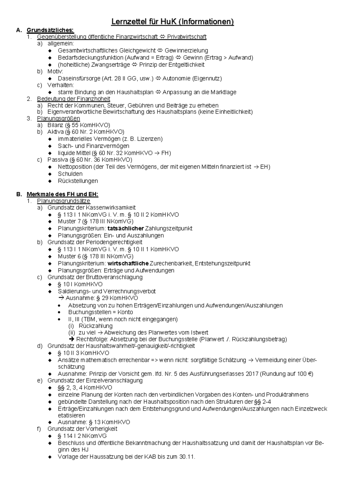 Lernzettel Hu K - Haushalts- und Kassenrecht Zusammenfassung für Prüfungen - Document Preview