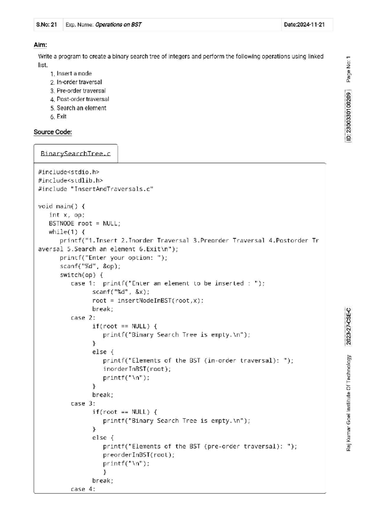 Operations on Binary Search Tree (BST) - ID: 2300330100209 - Studocu