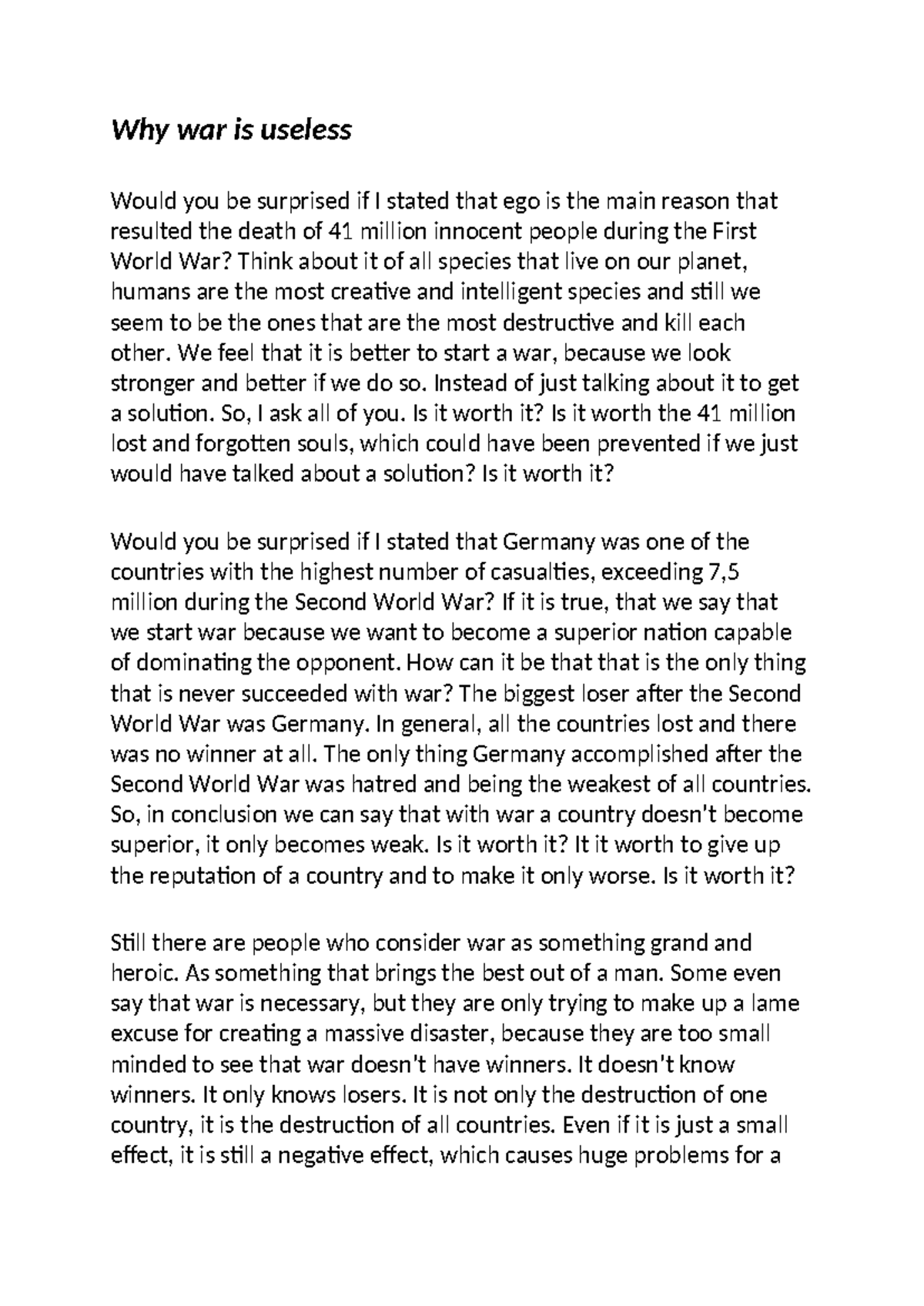 The Uselessness of War: A Speech on Its Consequences - Studeersnel