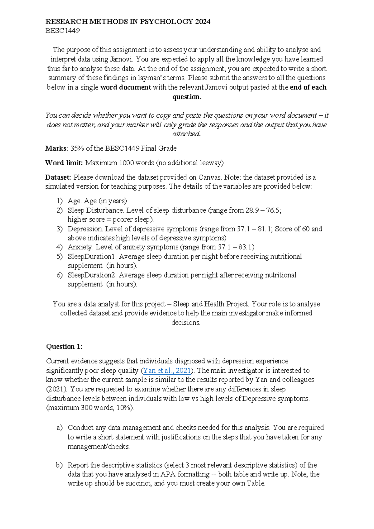 BESC1449 Sleep and Health Project – Data Analysis Instructions 2024 ...