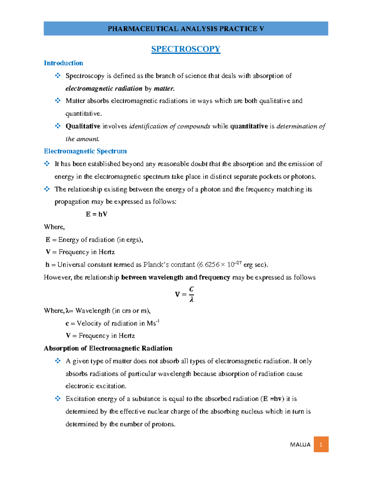 PHARMACEUTICAL ANALYSIS PRACTICE V: SPECTROSCOPY Notes - Studocu