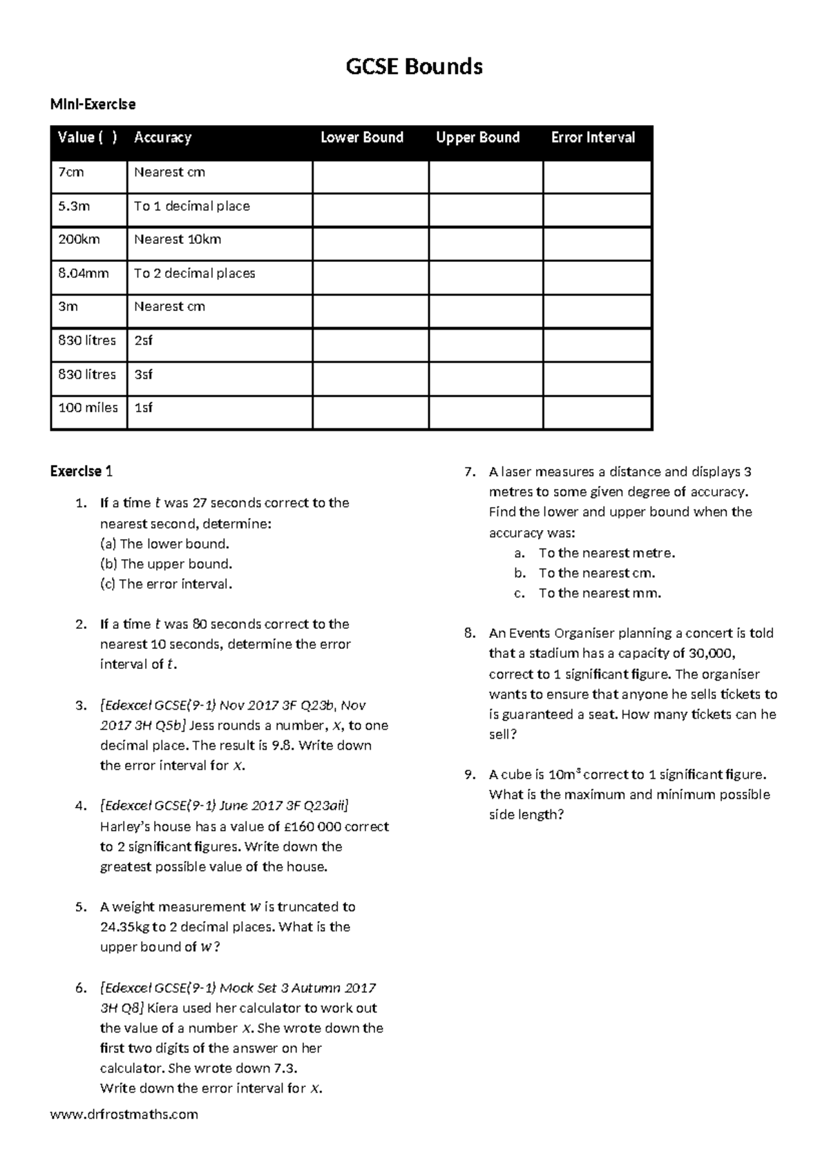 GCSE Bounds Value Accuracy and Error Intervals Exercises - Studocu