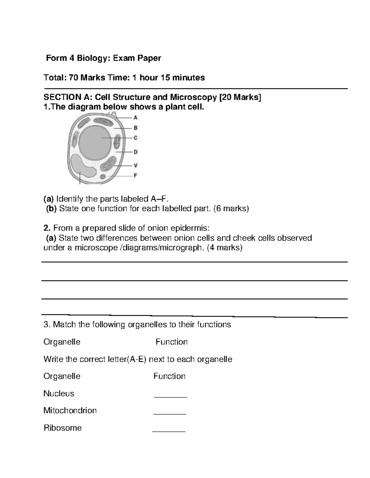 Biology Cells Past Papers