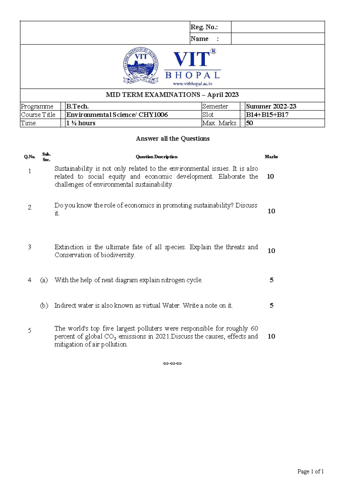 B.Tech CHY1006 Midterm Exam April 2023: Environmental Sustainability ...