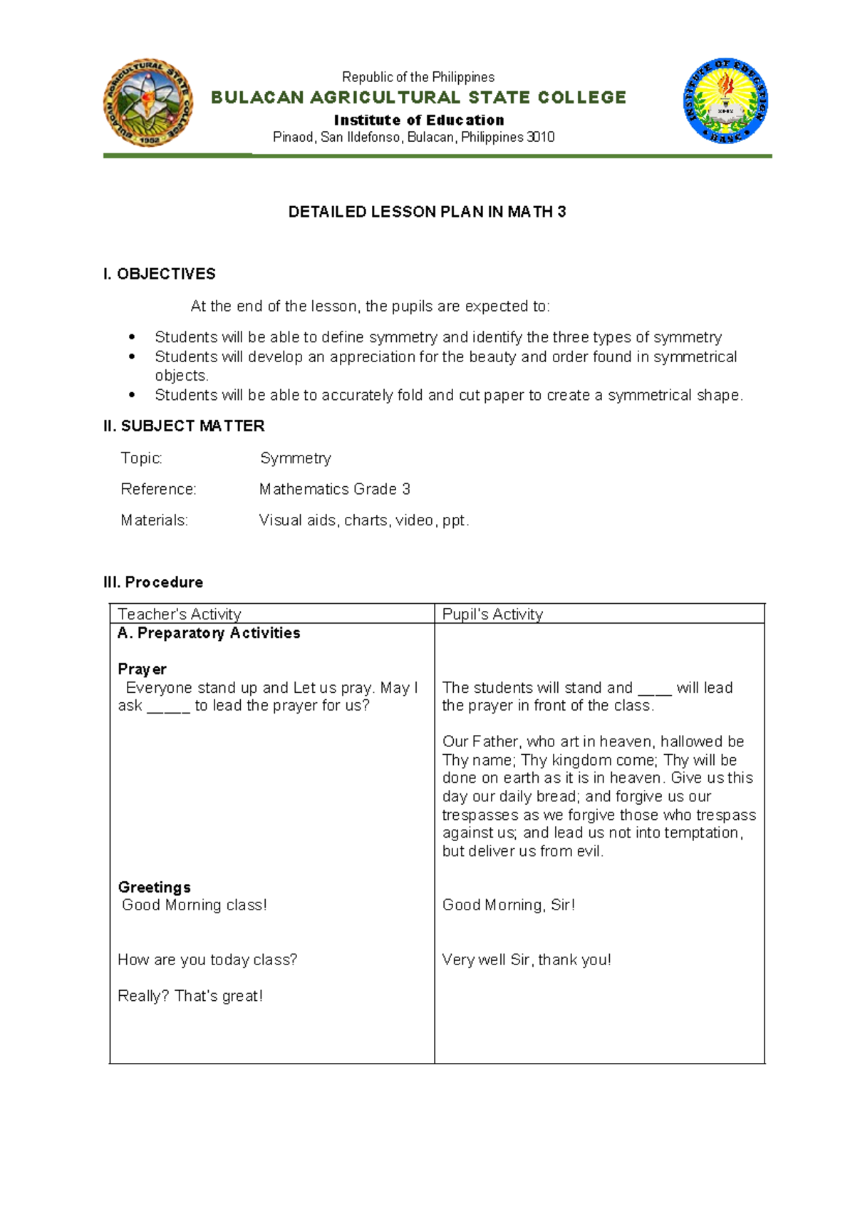 DLP MATH 3 Lesson Plan on Symmetry: Types and Activities - Studocu
