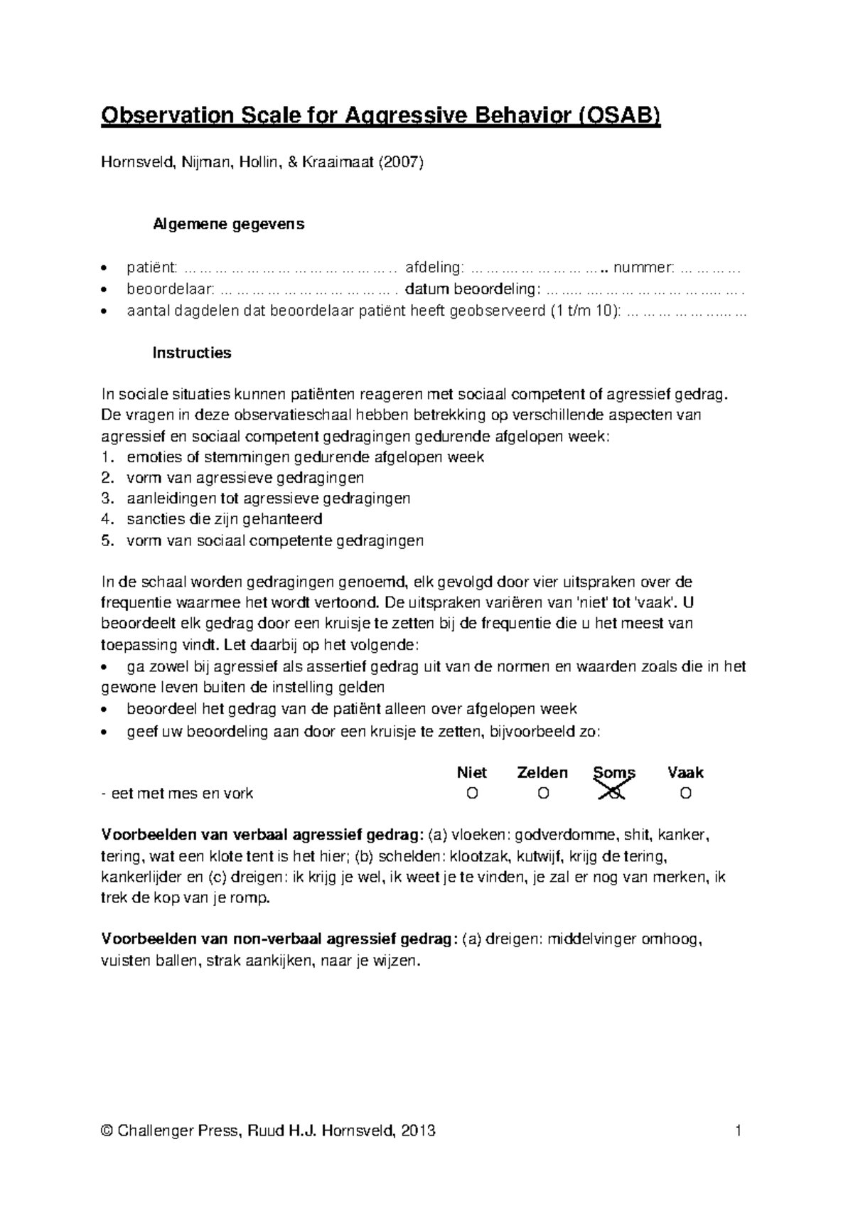 Observation Scale for Aggressive Behavior (OSAB) Assessment Guide ...