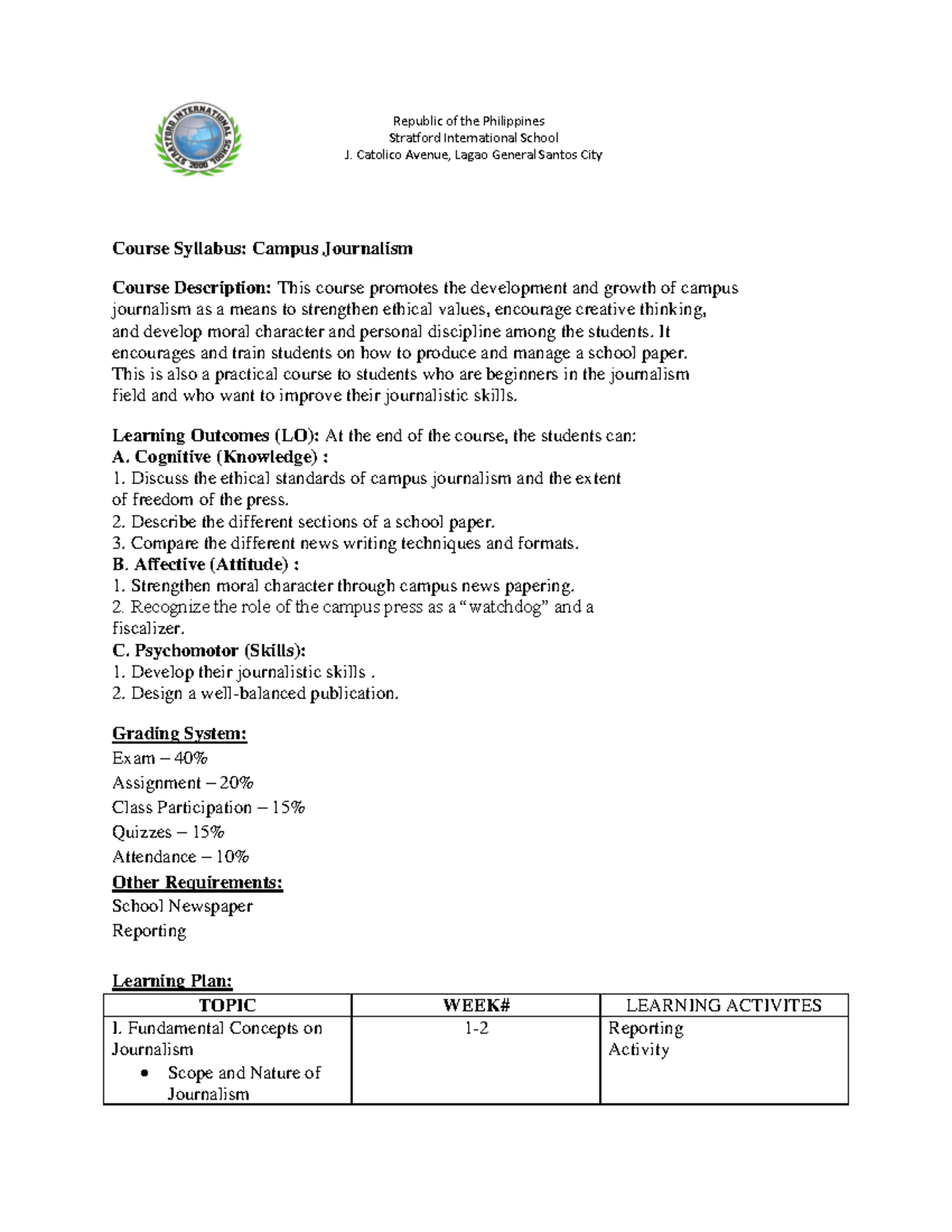 Campus Journalism Syllabus (JOUR 101): Course Overview and Activities ...