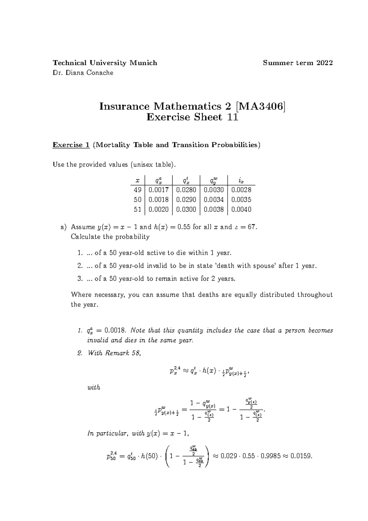 Insurance Mathematics 2 [MA3406] Exercise Sheet 11 Solutions - Studocu