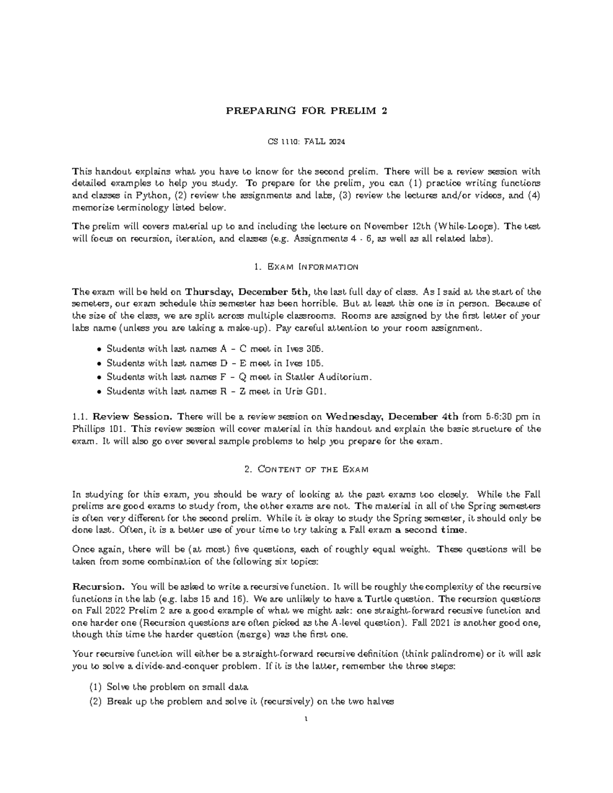 CS 1110: Fall 2024 Prelim 2 Study Guide & Exam Preparation Tips - Studocu