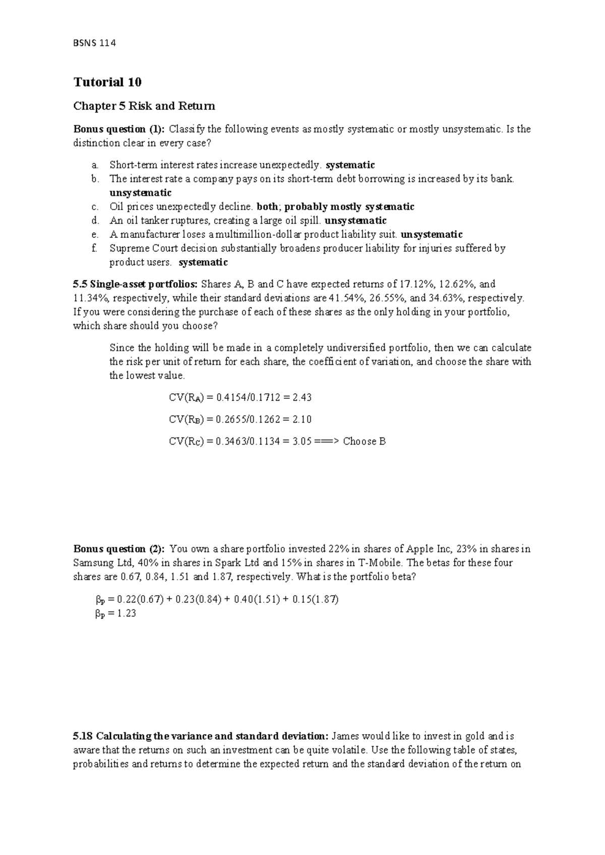 BSNS 114 Tutorial 10 Solutions: Risk and Return Analysis Notes - Studocu