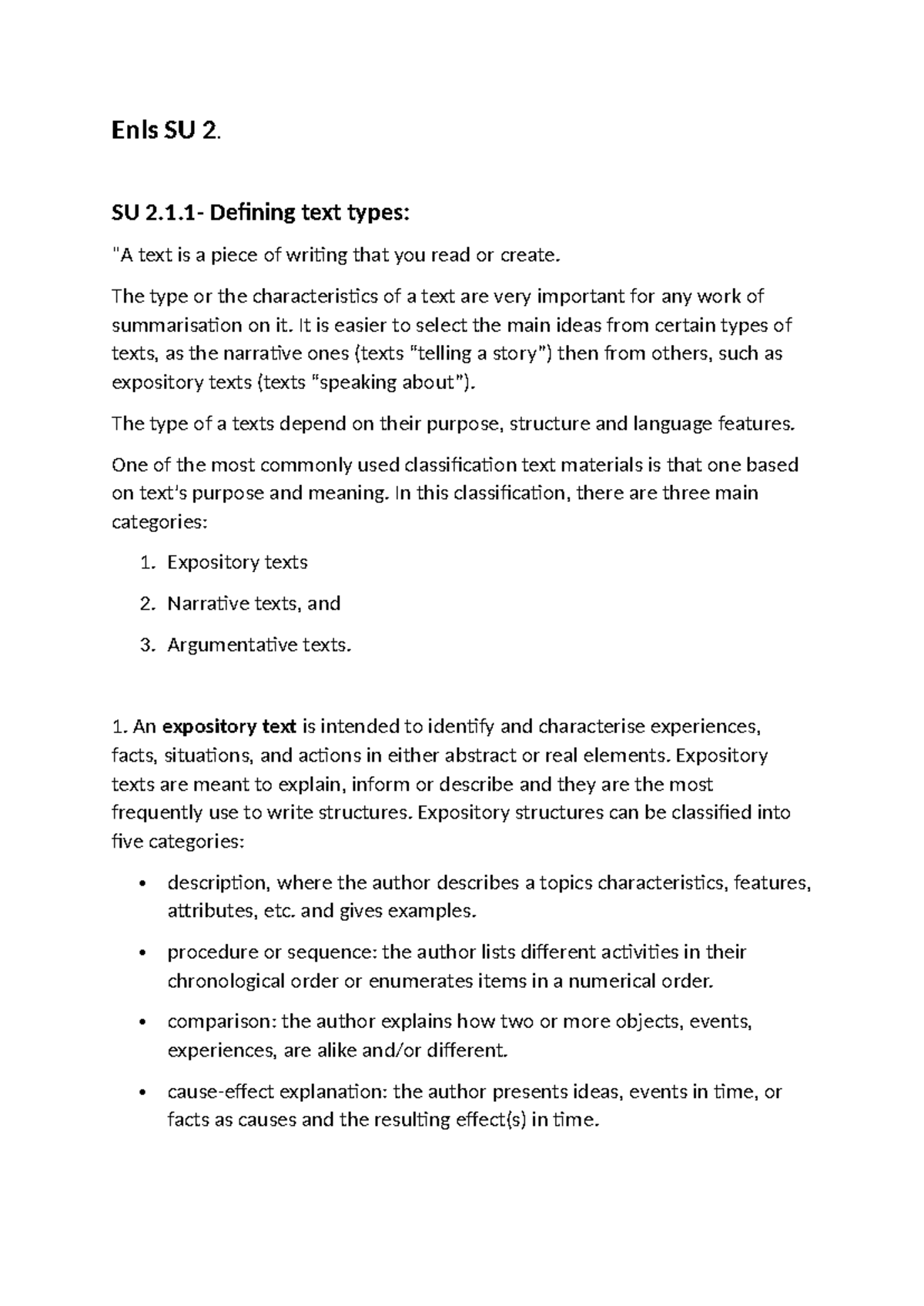 Enls SU 2 - Text Types and Summarisation Techniques Overview - Studocu
