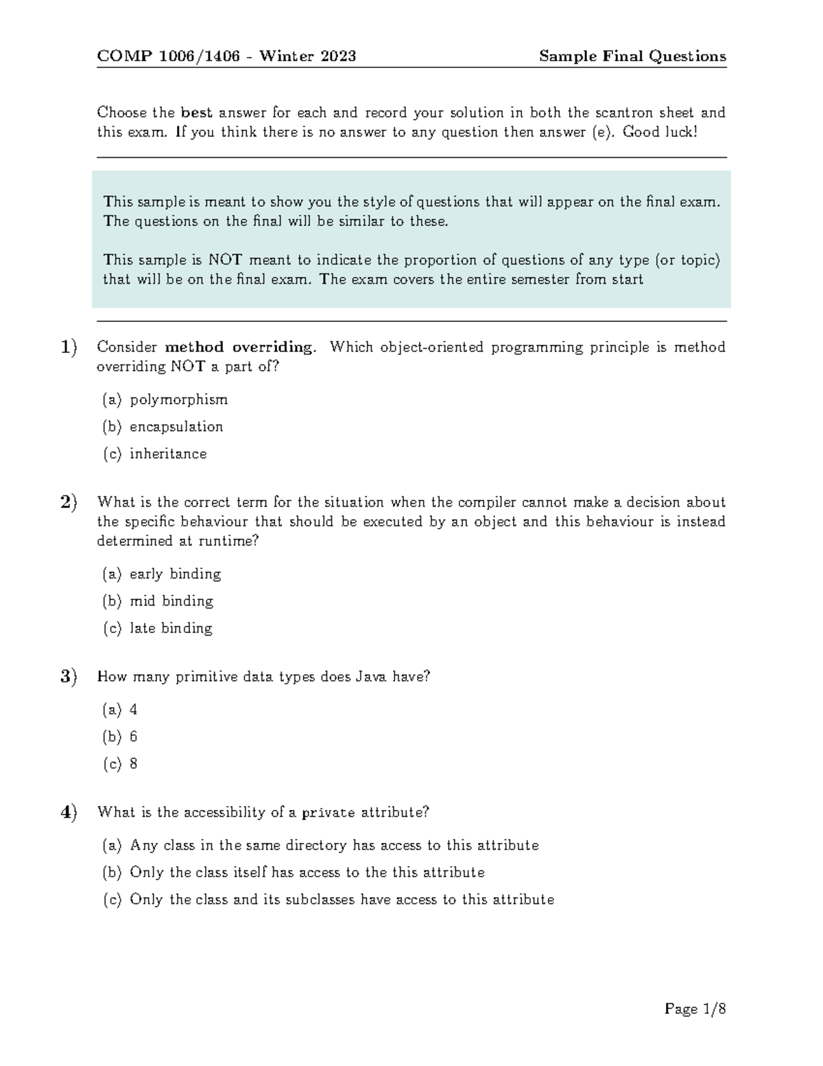 COMP1006/1406 Sample Final Exam Questions for Review and Practice - Studocu
