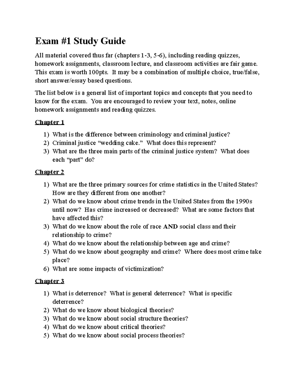 CJ 101 Exam #1 Study Guide: Key Topics from Chapters 1-3, 5-6 - Studocu