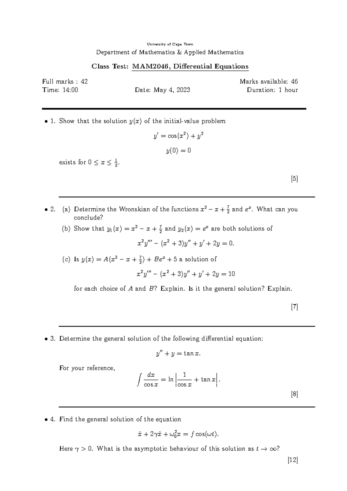 MAM2046 Applied Mathematics Class Test: Differential Equations Insights ...
