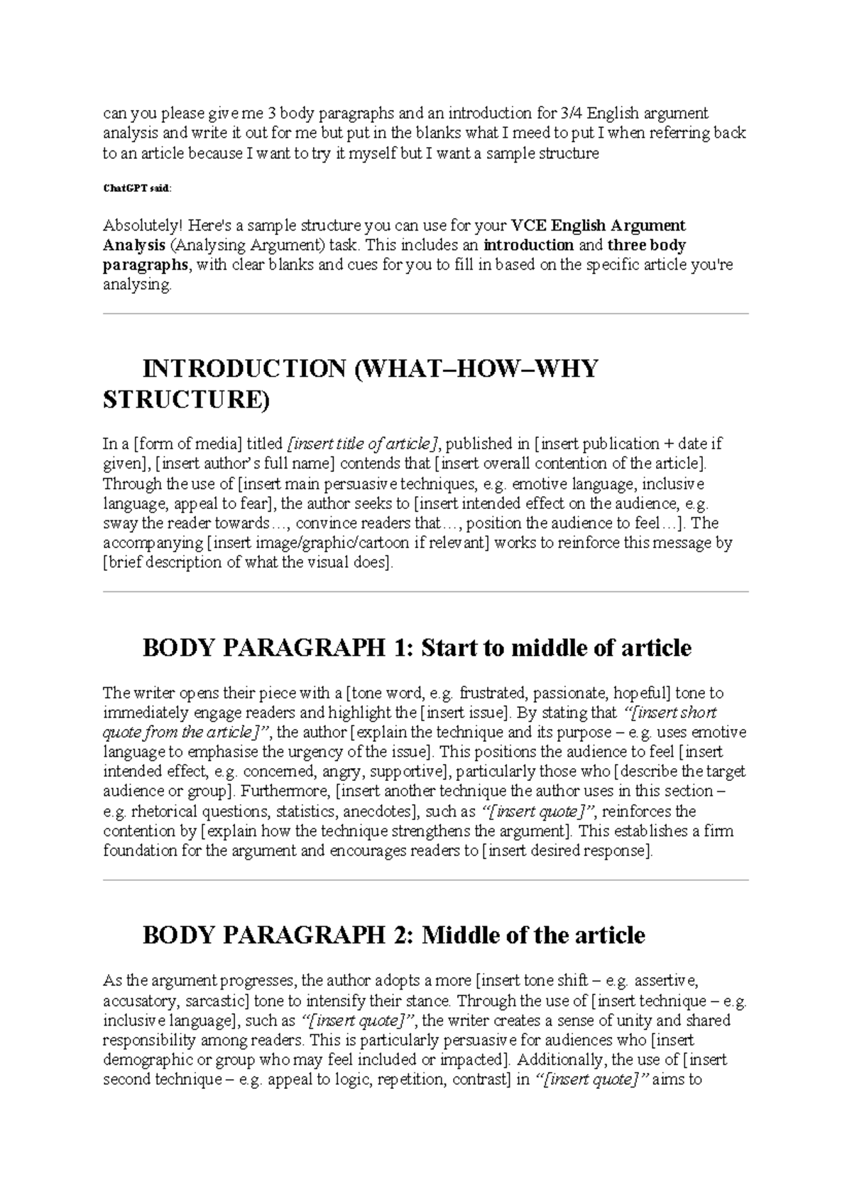 VCE English Argument Analysis Structure Guide - Studocu