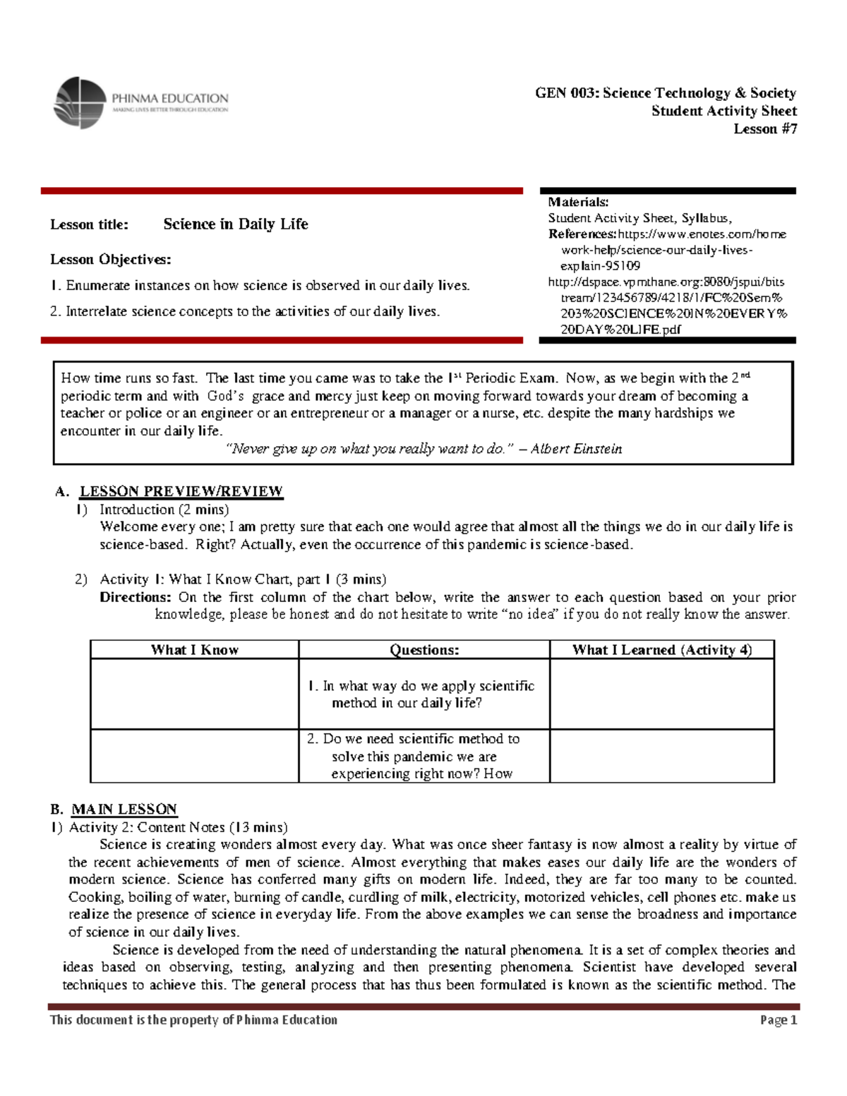 Day 10 Lesson 7: Science in Daily Life - Student Activity Sheet - Studocu